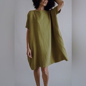 Two Days Off Olivia Dress Linen Blend Short Sleeve Shift Pockets Olive Green OS